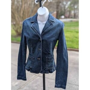 United Colors of Benetton Denim Blazer Jacket Fitted Stretch Dark Wash Small Y2K